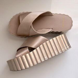 Tory Burch silk rose gold platform slides, SIZE 8